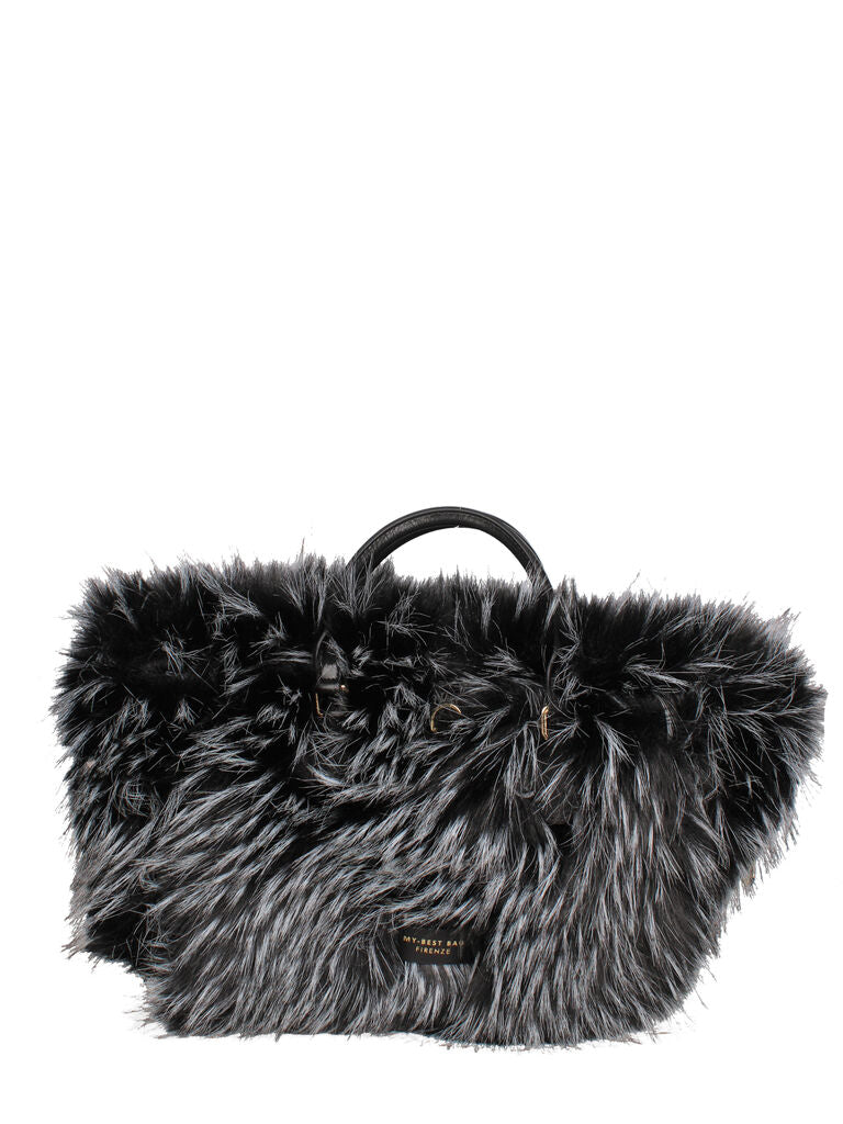 Black Faux Fur Trimmed Woven Tote Bag