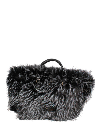 Black Faux Fur Trimmed Woven Tote Bag