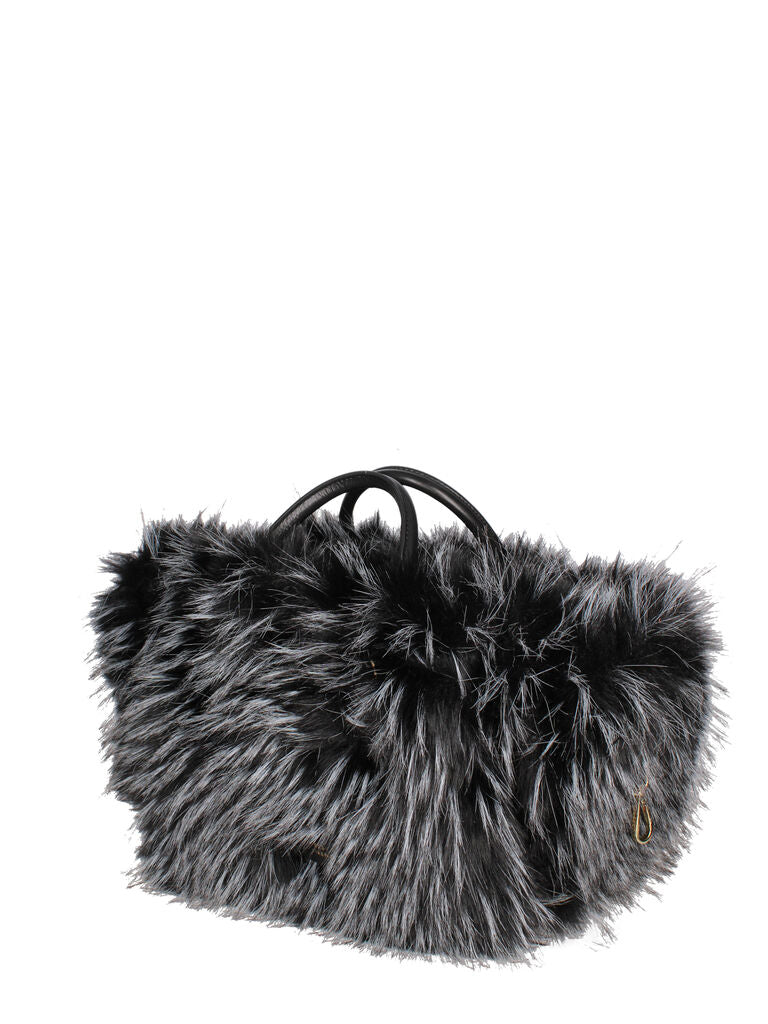 Black Faux Fur Trimmed Woven Tote Bag