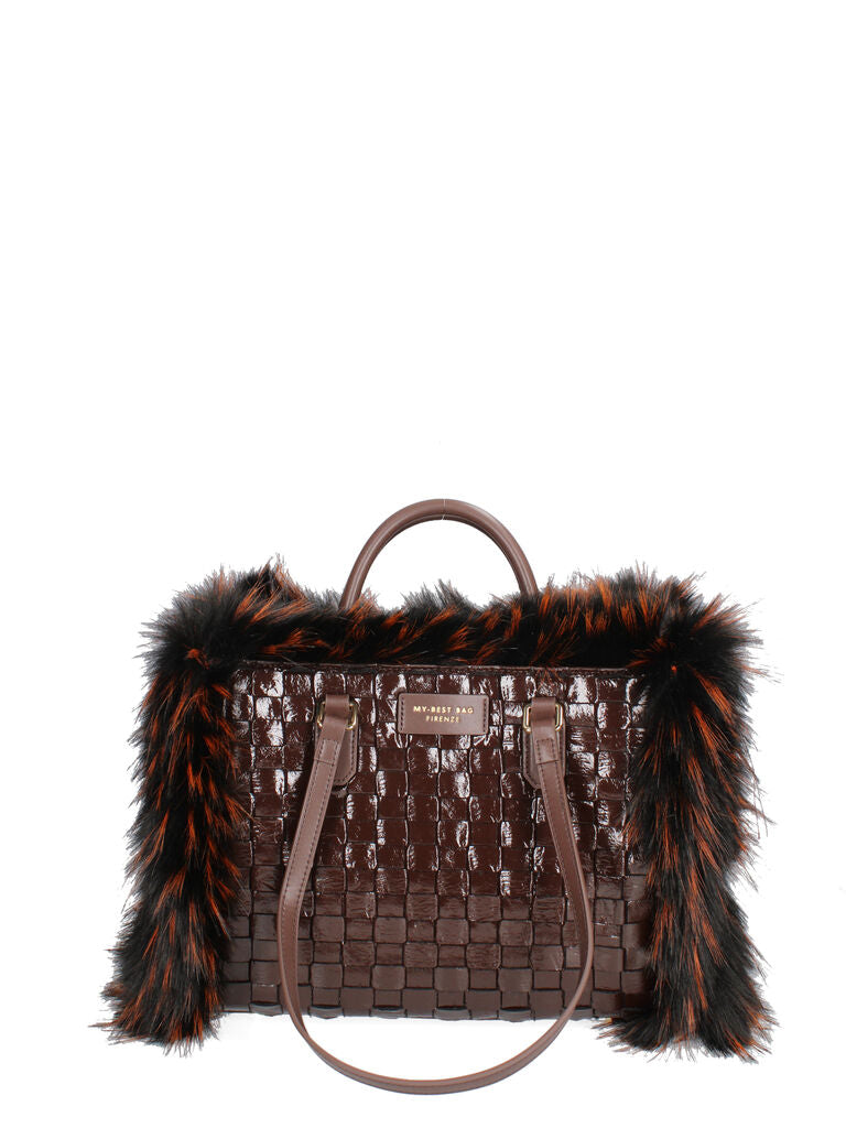 Brown Woven Tote Bag with Faux Fur Trim