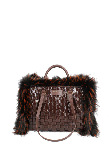 Brown Woven Tote Bag with Faux Fur Trim