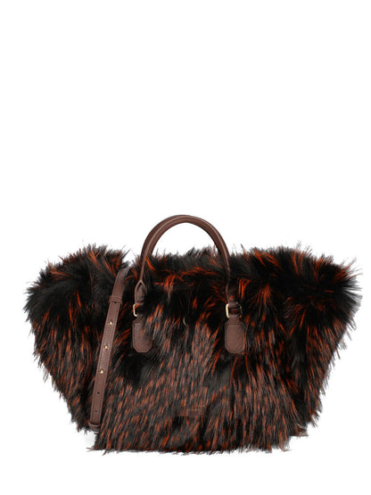 Brown Woven Tote Bag with Faux Fur Trim
