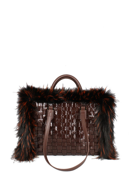 Brown Woven Tote Bag with Faux Fur Trim