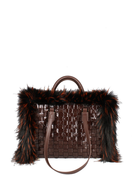 Brown Woven Tote Bag with Faux Fur Trim