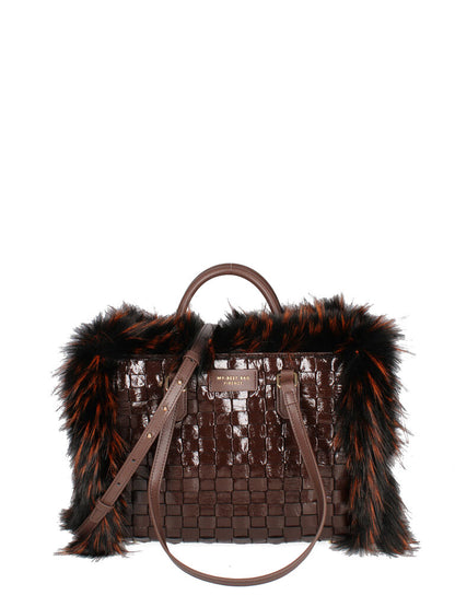 Brown Woven Tote Bag with Faux Fur Trim