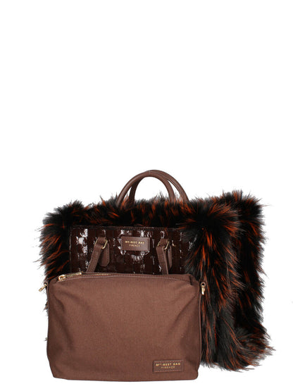 Brown Woven Tote Bag with Faux Fur Trim