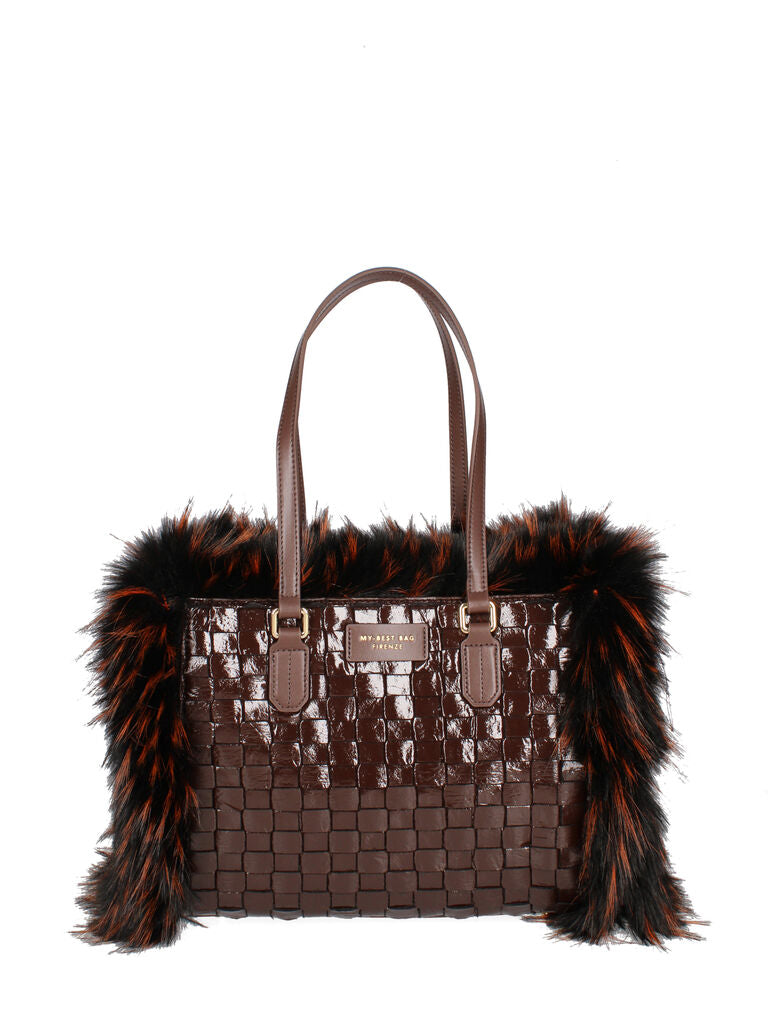 Brown Woven Tote Bag with Faux Fur Trim
