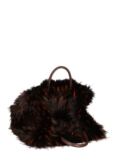 Brown Woven Tote Bag with Faux Fur Trim