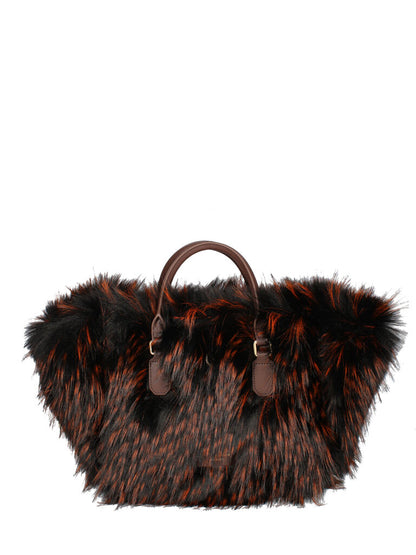 Brown Woven Tote Bag with Faux Fur Trim