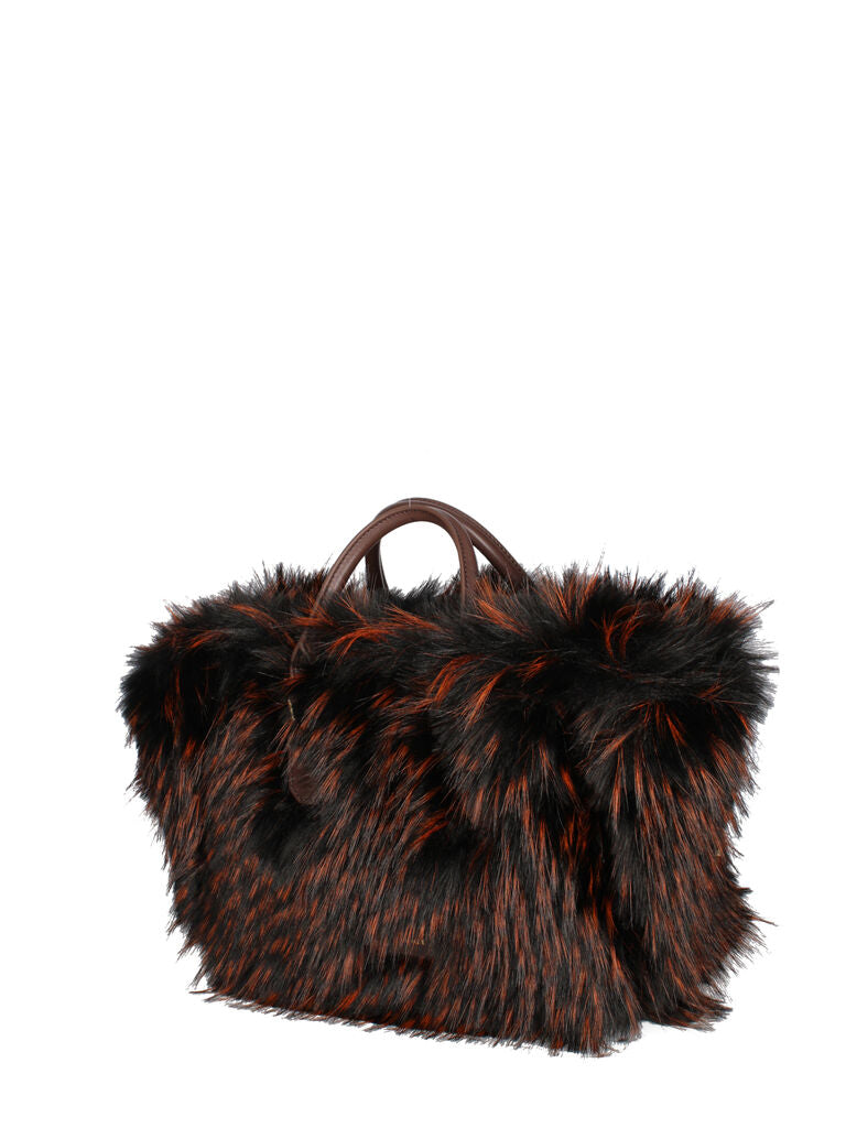 Brown Woven Tote Bag with Faux Fur Trim