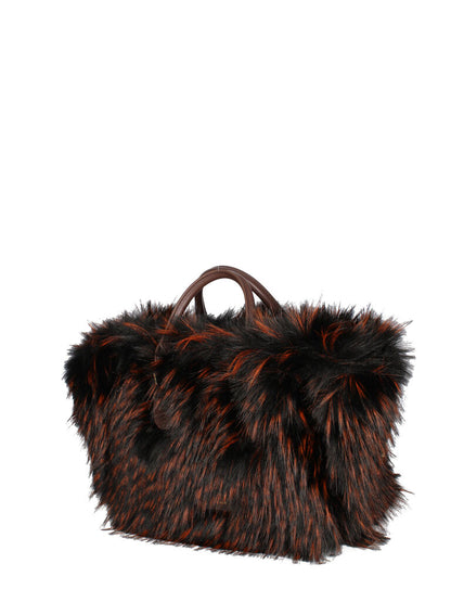 Brown Woven Tote Bag with Faux Fur Trim
