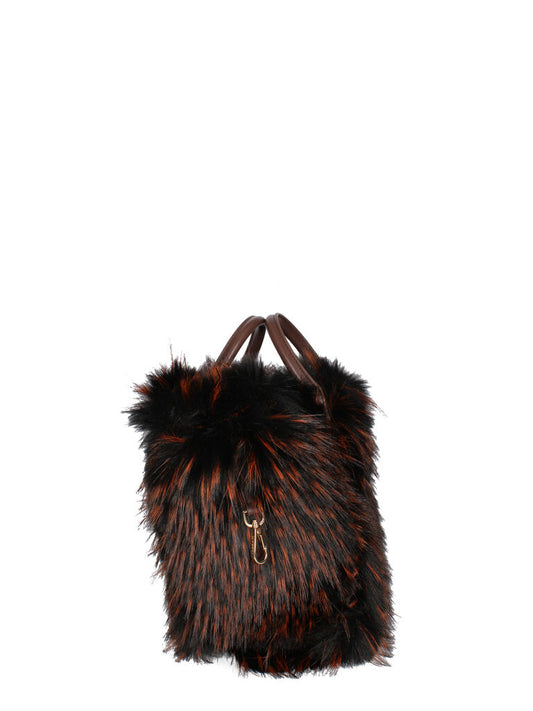Brown Woven Tote Bag with Faux Fur Trim