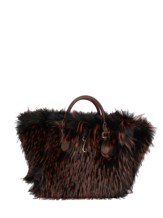 Brown Woven Tote Bag with Faux Fur Trim