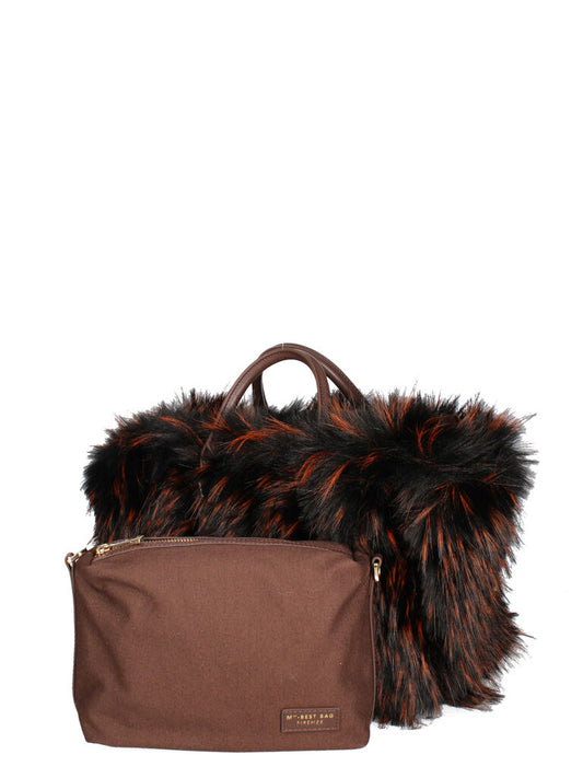Brown Woven Tote Bag with Faux Fur Trim