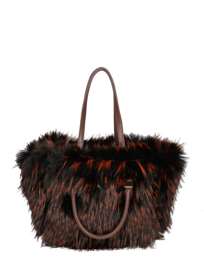 Brown Woven Tote Bag with Faux Fur Trim