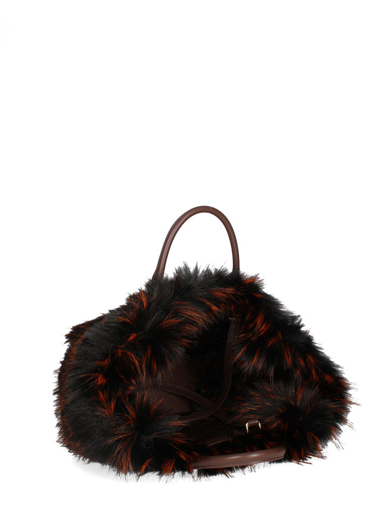 Brown Woven Tote Bag with Faux Fur Trim