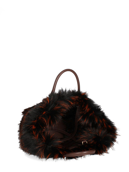 Brown Woven Tote Bag with Faux Fur Trim