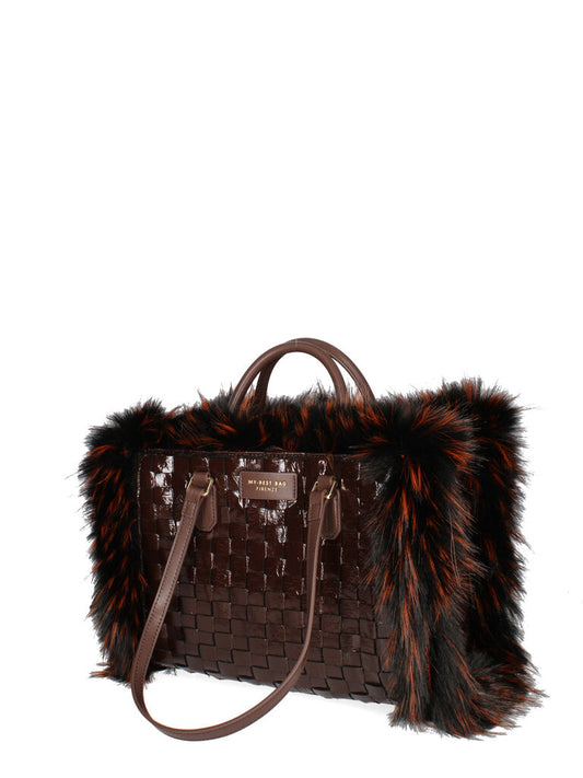 Brown Woven Tote Bag with Faux Fur Trim