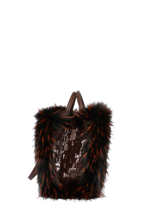 Brown Woven Tote Bag with Faux Fur Trim