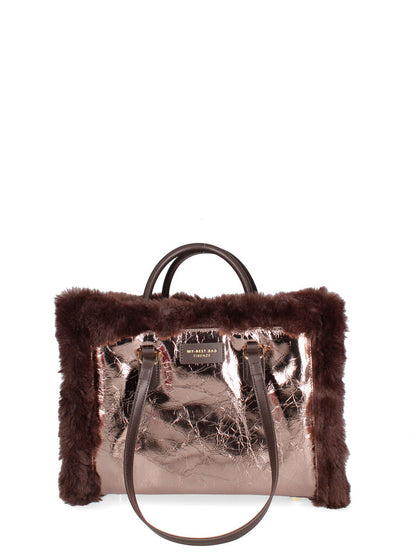 Copper Metallic Tote with Faux Fur Trim