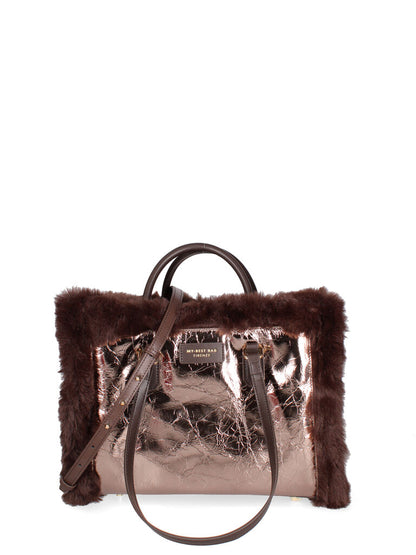 Copper Metallic Tote with Faux Fur Trim