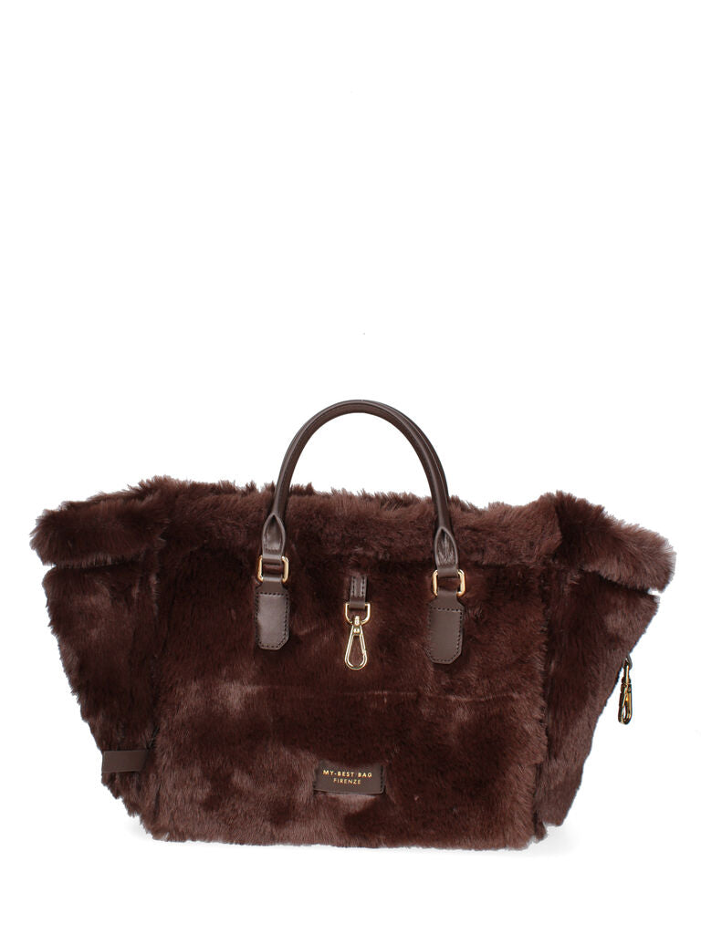 Copper Metallic Tote with Faux Fur Trim