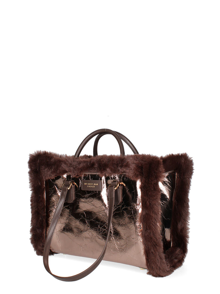 Copper Metallic Tote with Faux Fur Trim