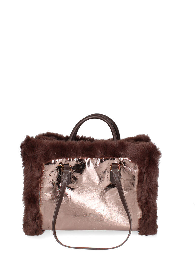 Copper Metallic Tote with Faux Fur Trim