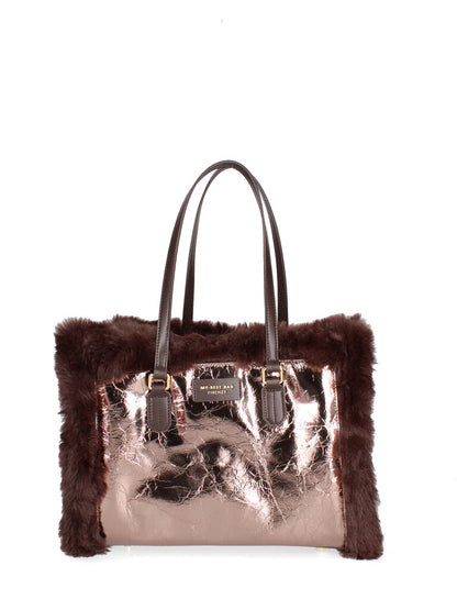 Copper Metallic Tote with Faux Fur Trim
