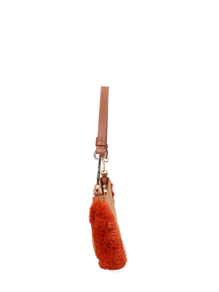 Rust Faux Fur Baguette Bag with Detachable Strap