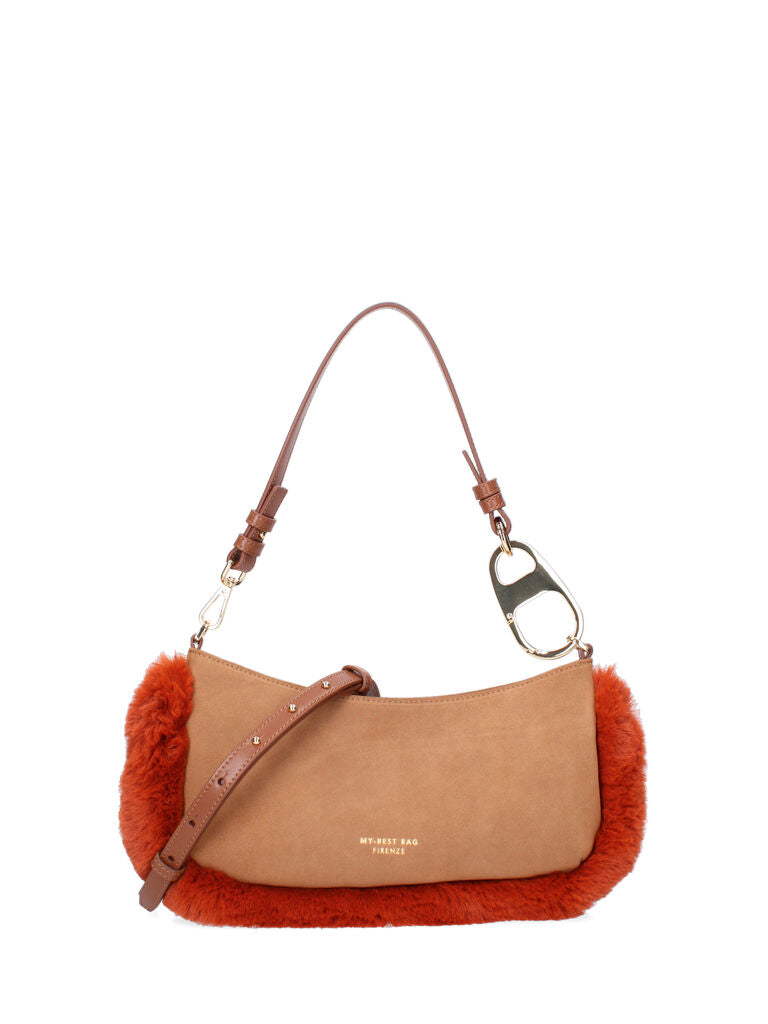 Rust Faux Fur Baguette Bag with Detachable Strap