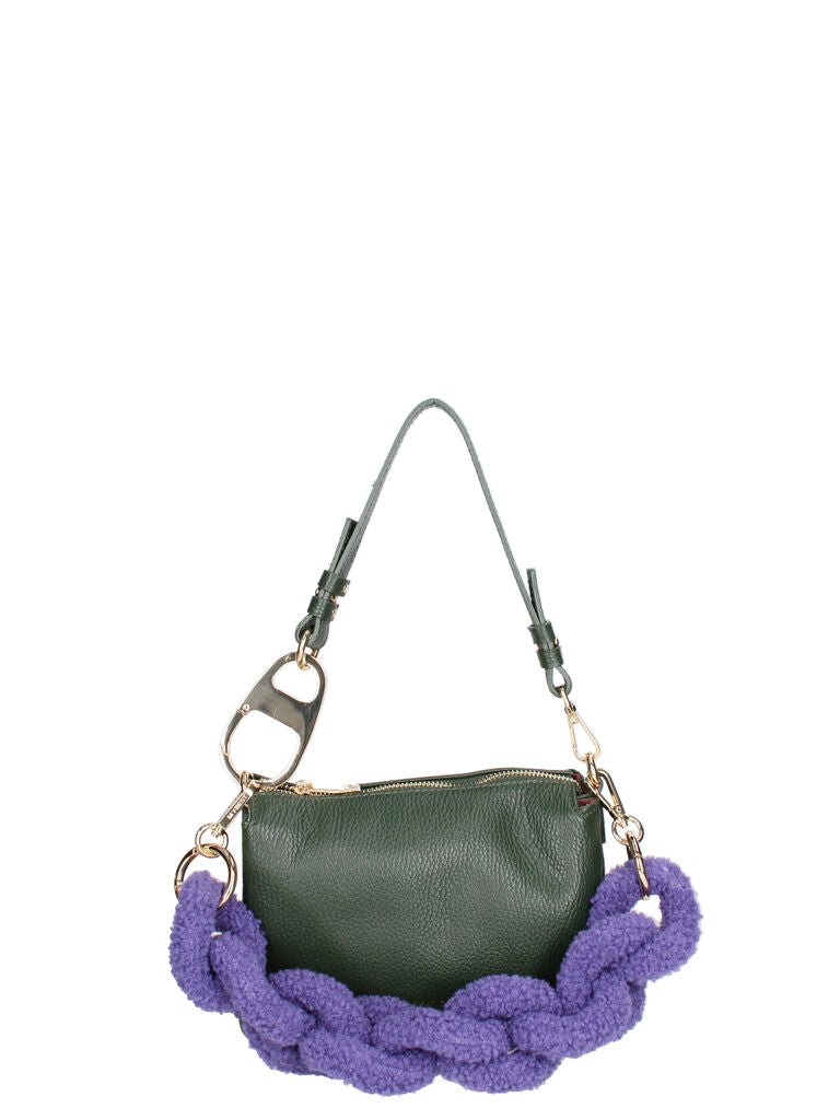 Green Leather Shoulder Bag with Purple Plush Chain