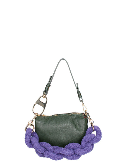 Green Leather Shoulder Bag with Purple Plush Chain