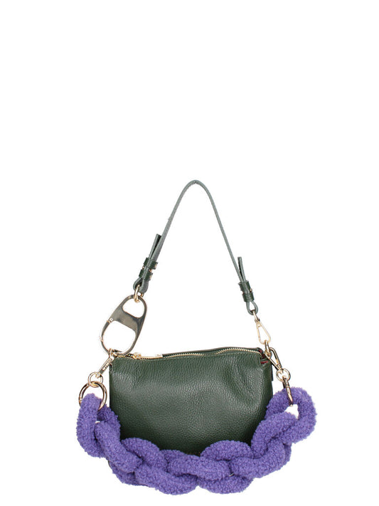 Green Leather Shoulder Bag with Purple Plush Chain