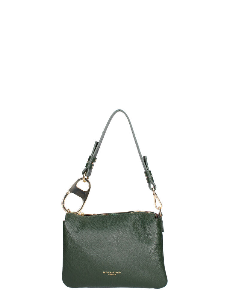 Green Leather Shoulder Bag with Purple Plush Chain