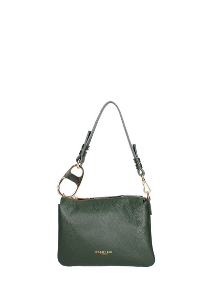 Green Leather Shoulder Bag with Purple Plush Chain