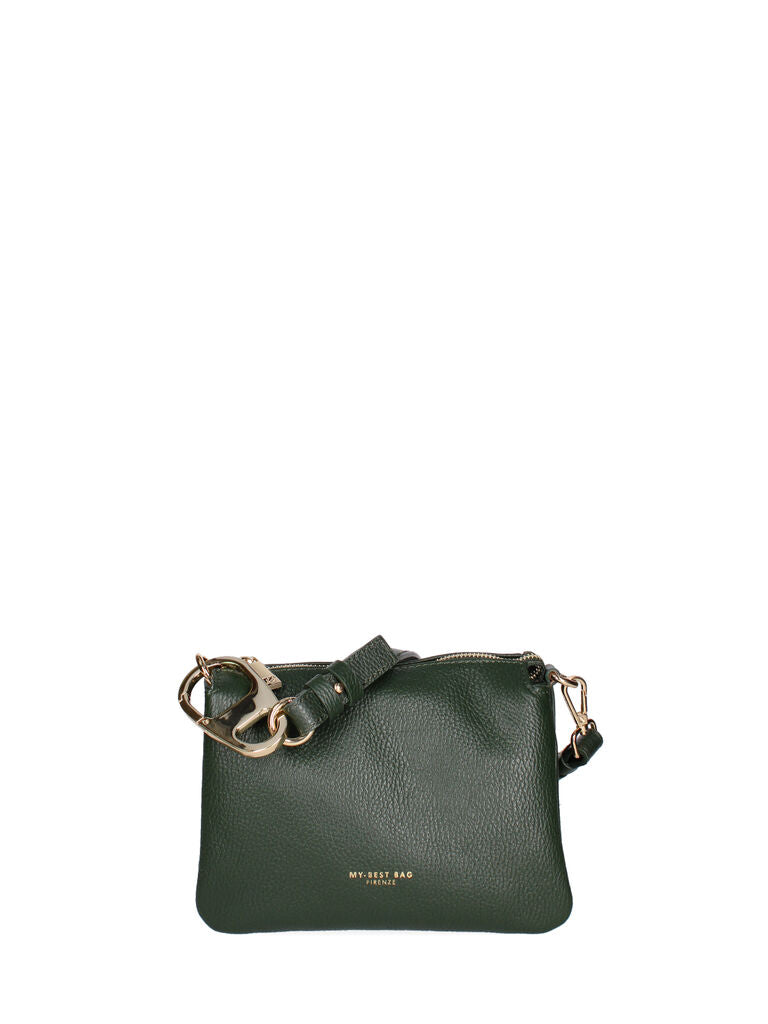 Green Leather Shoulder Bag with Purple Plush Chain