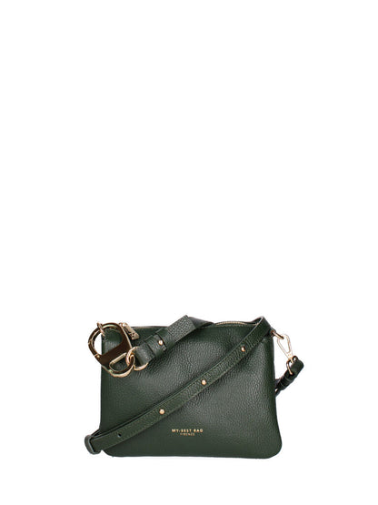 Green Leather Shoulder Bag with Purple Plush Chain