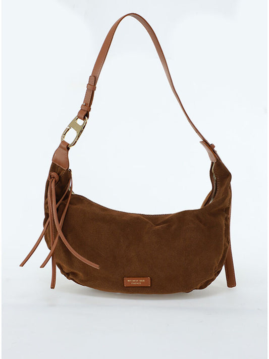 Brown Suede Shoulder Bag with Tassel Accent