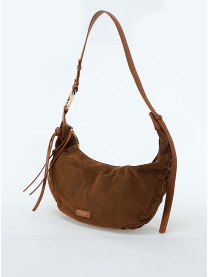 Brown Suede Shoulder Bag with Tassel Accent
