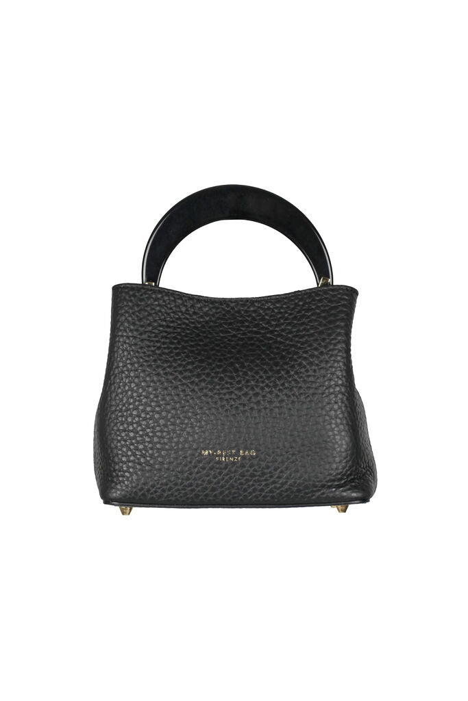 Black Textured Leather Handbag with Circular Handle