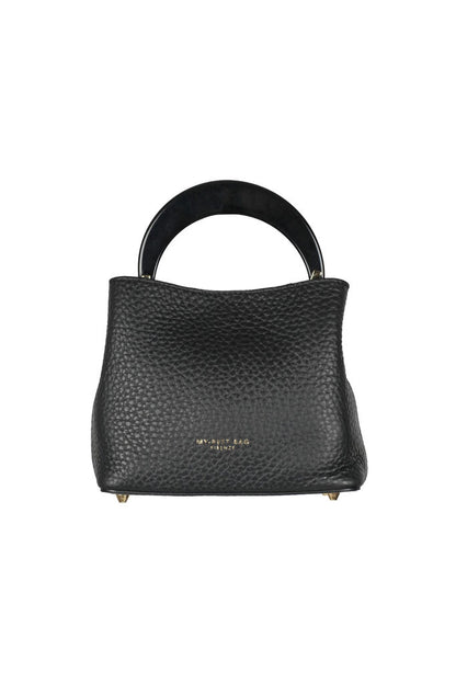 Black Textured Leather Handbag with Circular Handle