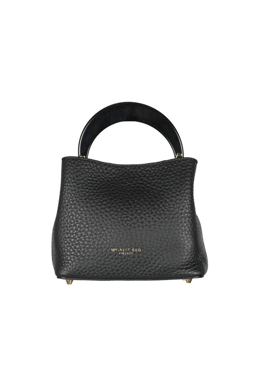 Black Textured Leather Handbag with Circular Handle