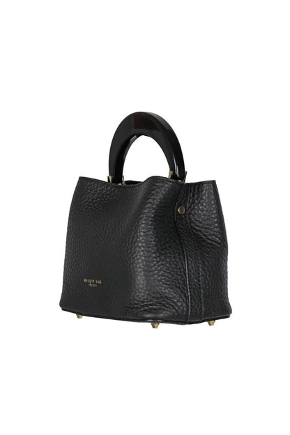 Black Textured Leather Handbag with Circular Handle