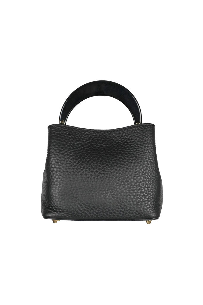 Black Textured Leather Handbag with Circular Handle