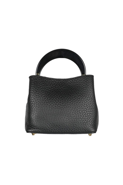 Black Textured Leather Handbag with Circular Handle