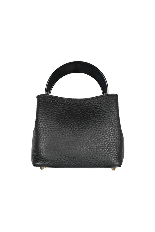 Black Textured Leather Handbag with Circular Handle