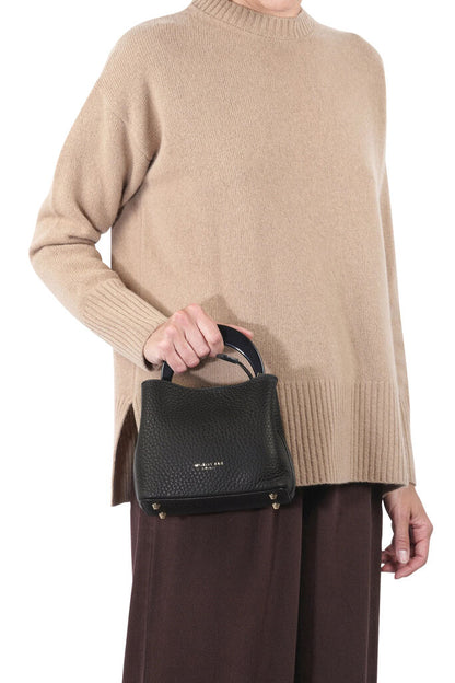 Black Textured Leather Handbag with Circular Handle