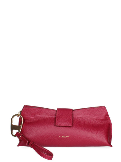 Red Textured Leather Clutch with Detachable Strap