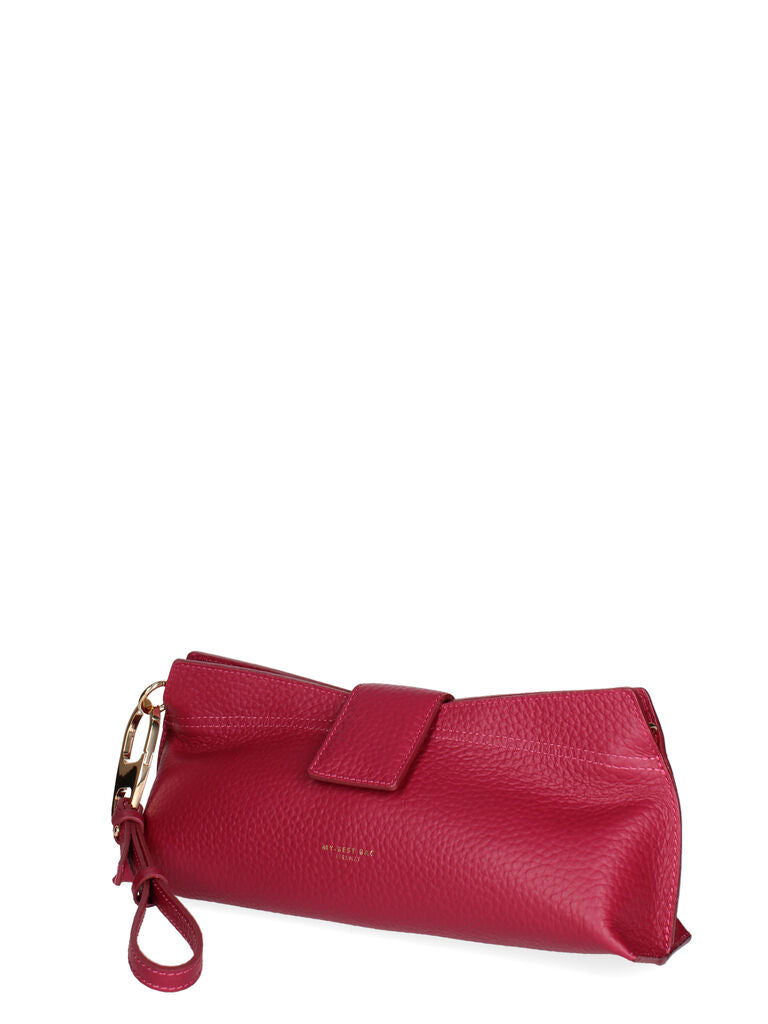 Red Textured Leather Clutch with Detachable Strap